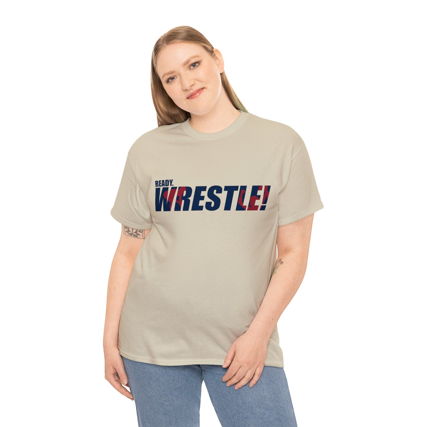 Ready. Wrestle! Navy Logo w/Red Silhouettes, Unisex Heavy Cotton Tee