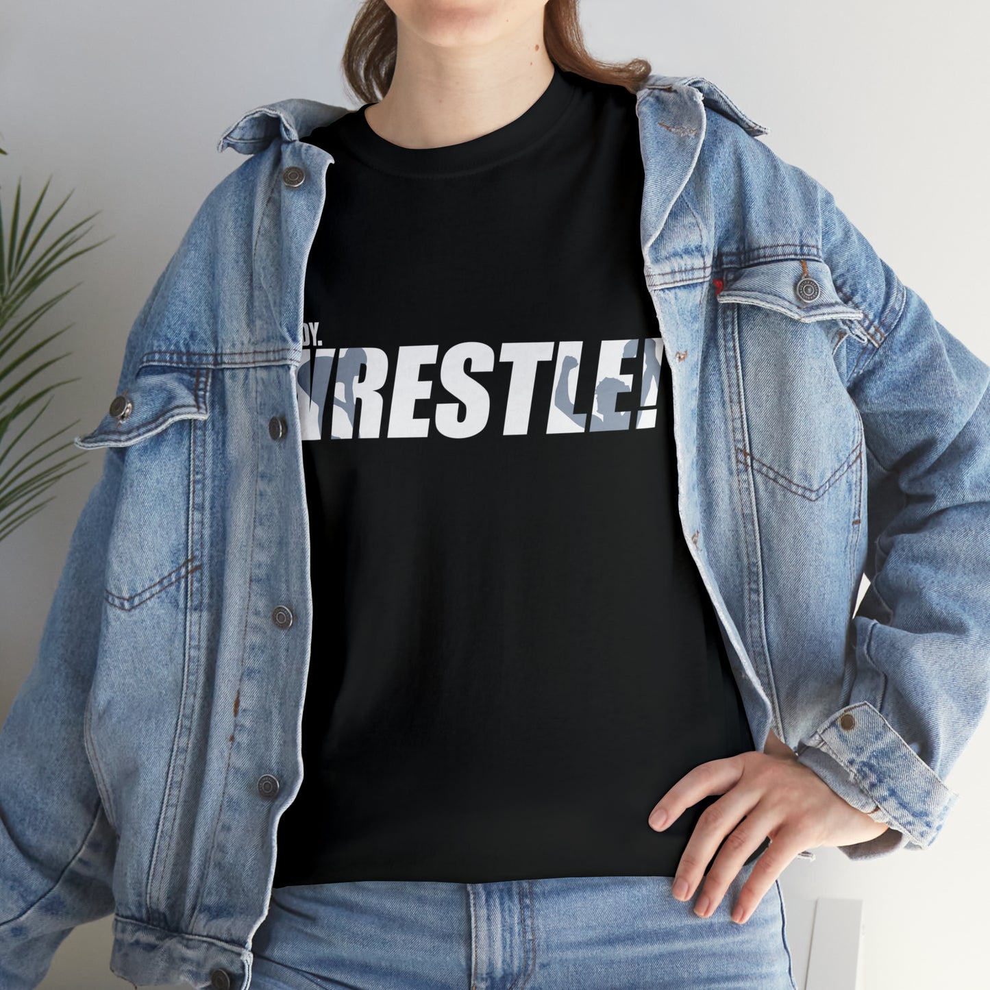 Ready. Wrestle! White Logo w/Blue Silhouettes, Unisex Heavy Cotton Tee