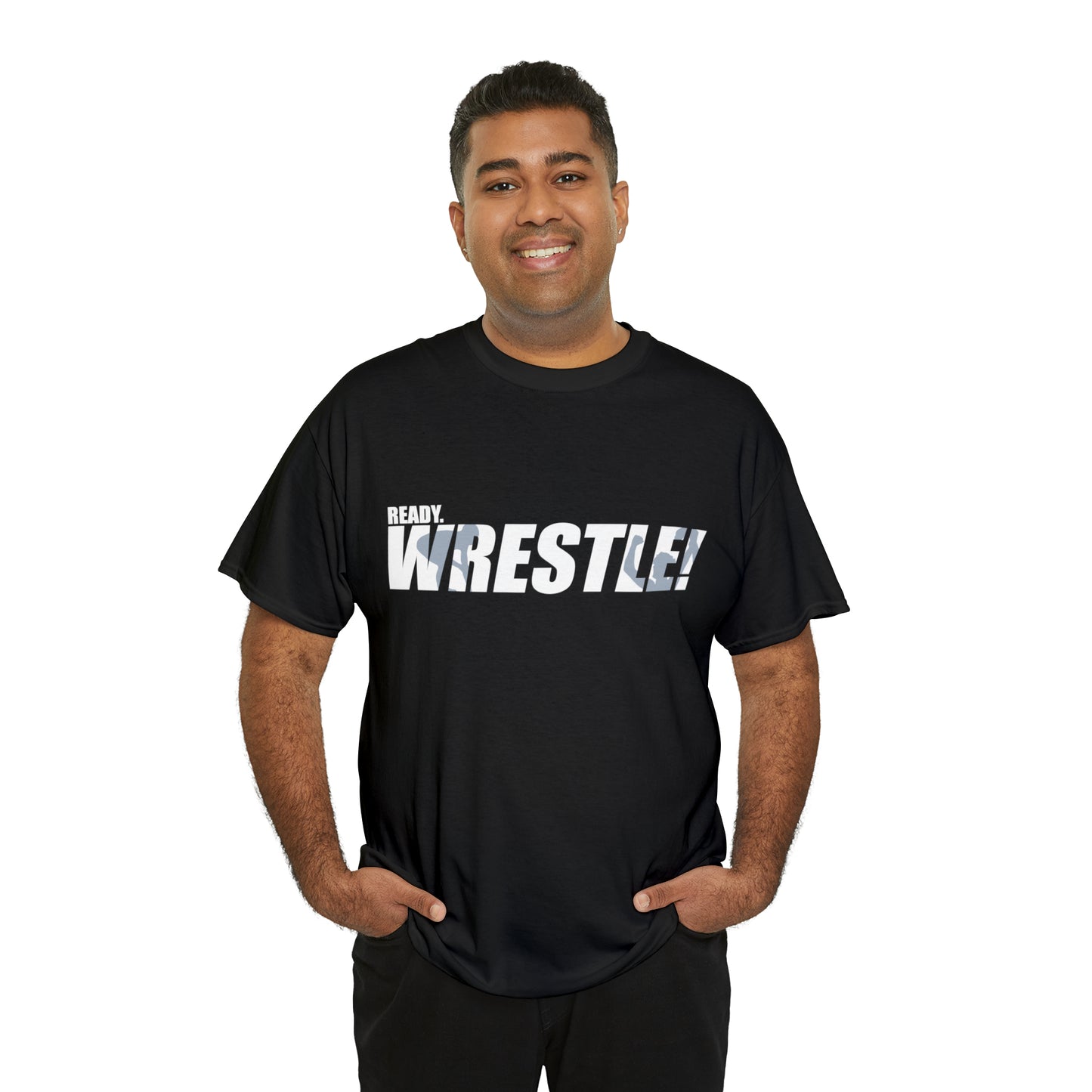 Ready. Wrestle! White Logo w/Blue Silhouettes, Unisex Heavy Cotton Tee