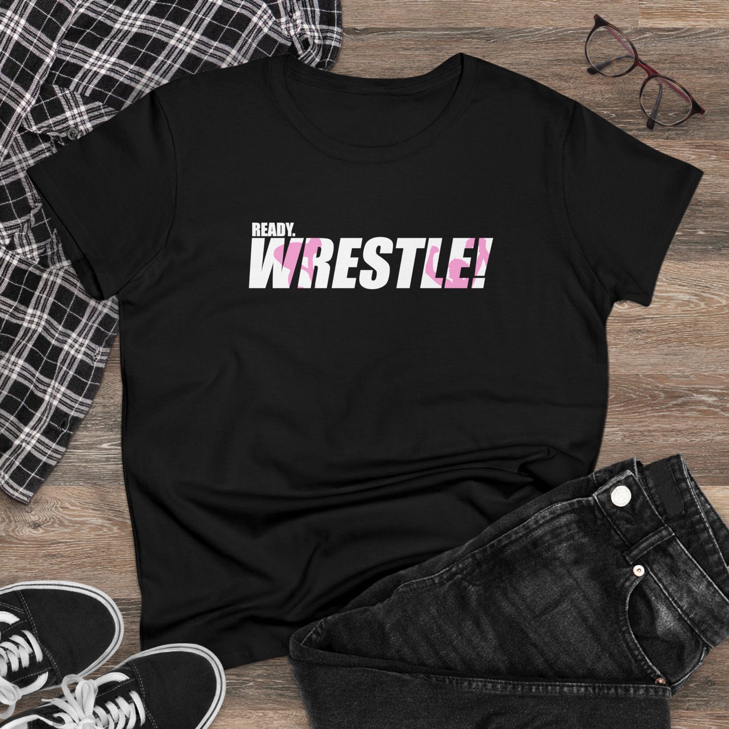 Ready. Wrestle! Women's Midweight Cotton Tee, White/Pink Logo