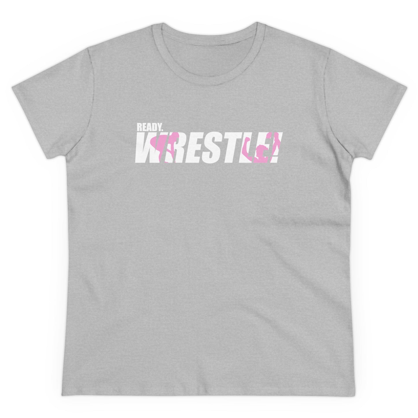 Ready. Wrestle! Women's Midweight Cotton Tee, White/Pink Logo