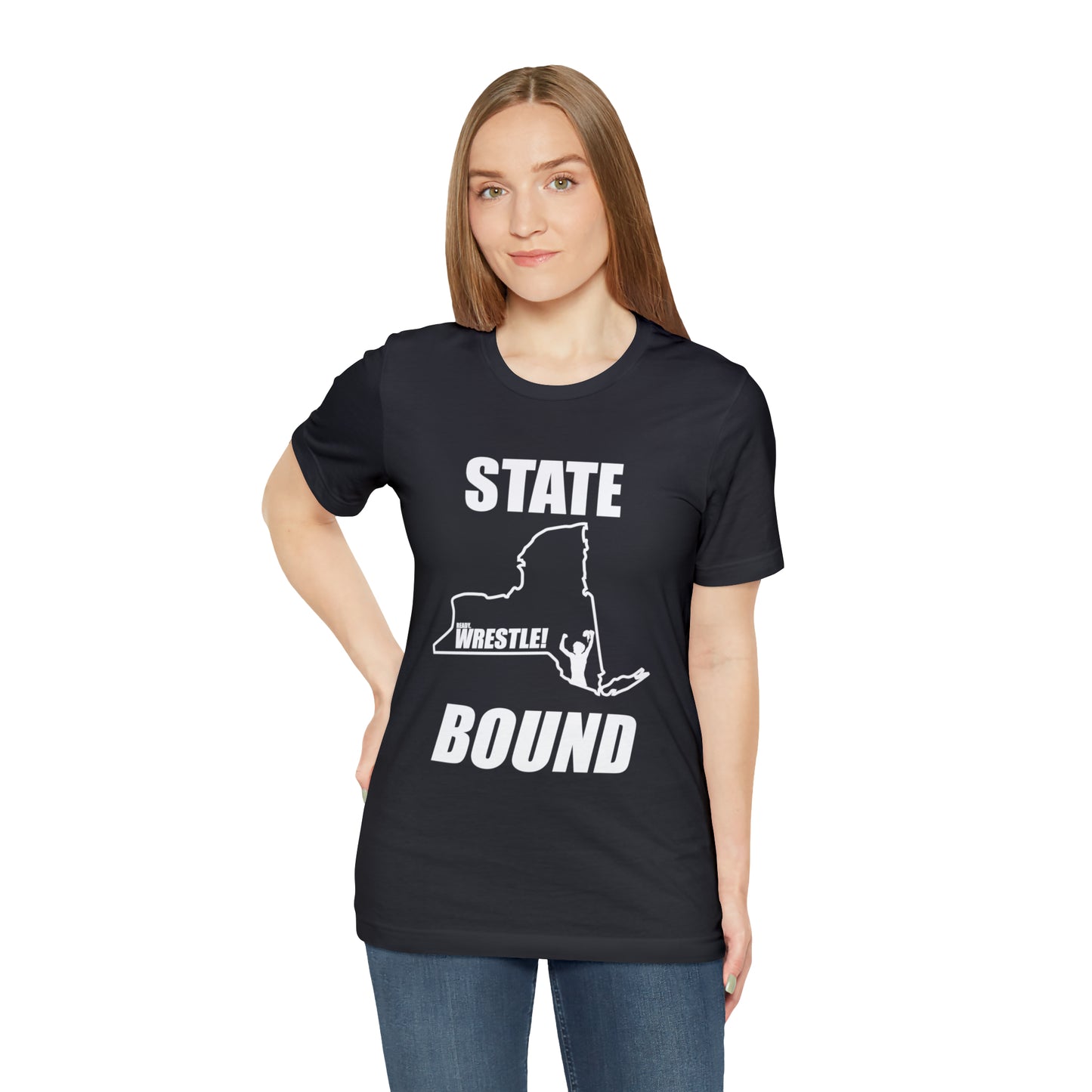 New York State Bound, Unisex Jersey Short Sleeve Tee, White Logo