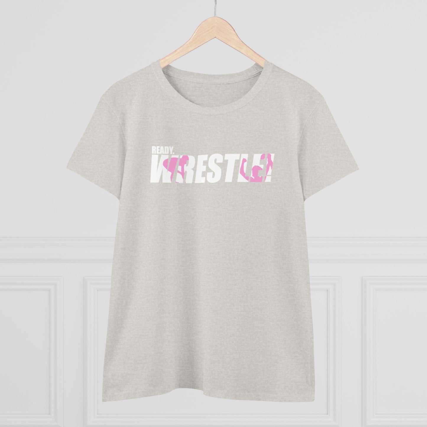 Ready. Wrestle! Women's Midweight Cotton Tee, White/Pink Logo