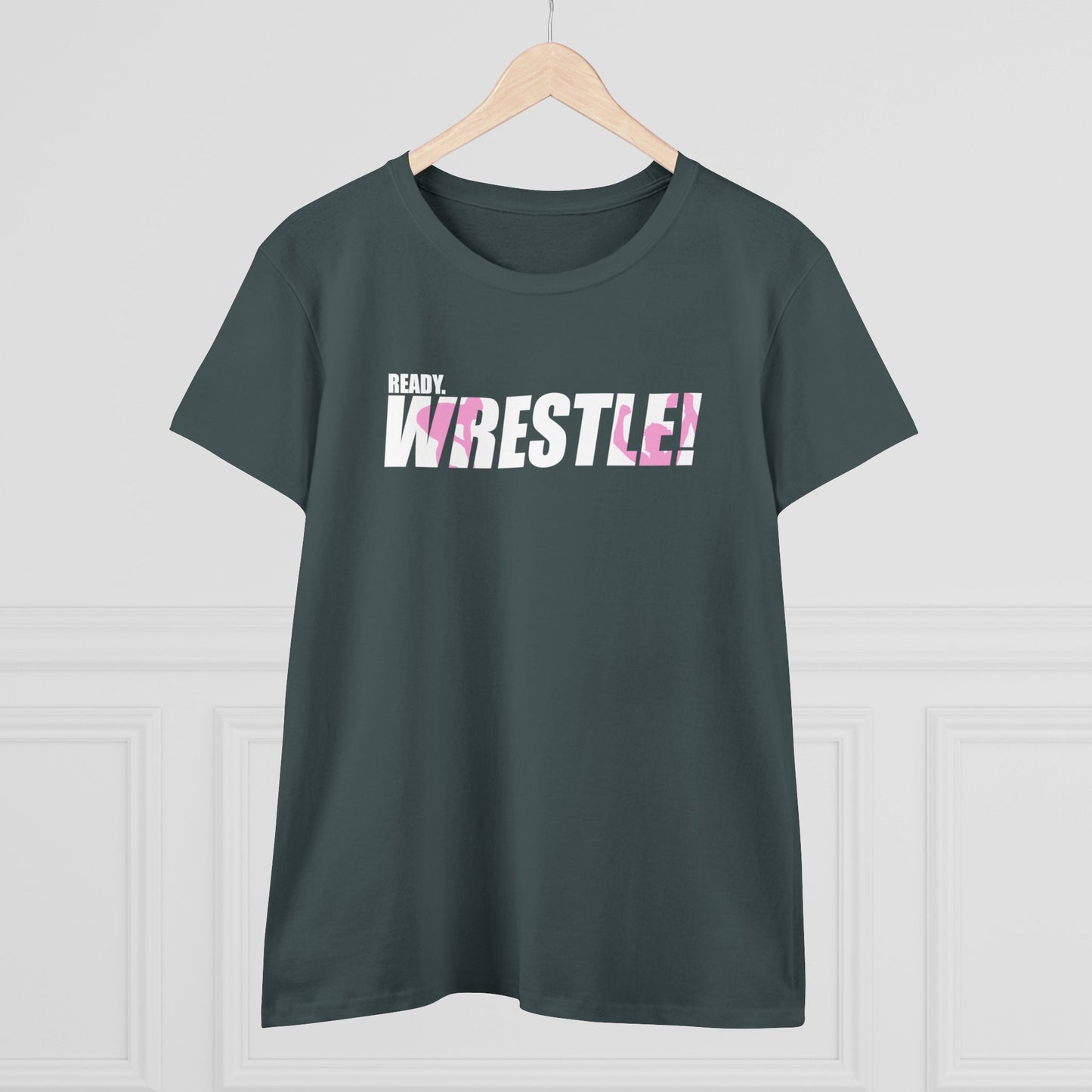 Ready. Wrestle! Women's Midweight Cotton Tee, White/Pink Logo