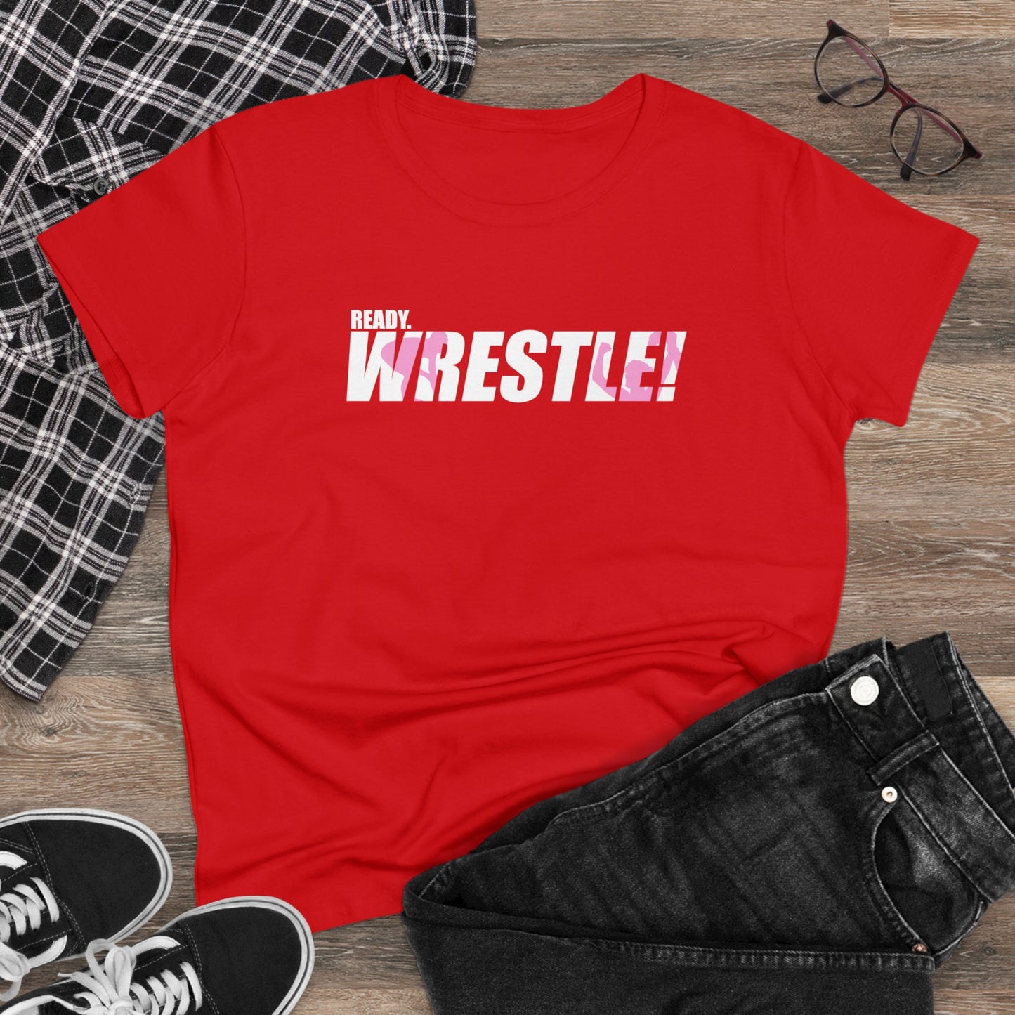 Ready. Wrestle! Women's Midweight Cotton Tee, White/Pink Logo