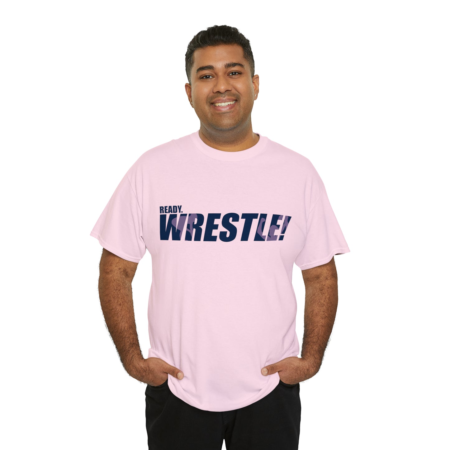 Ready. Wrestle! Navy Logo w/Pink Silhouettes, Unisex Heavy Cotton Tee