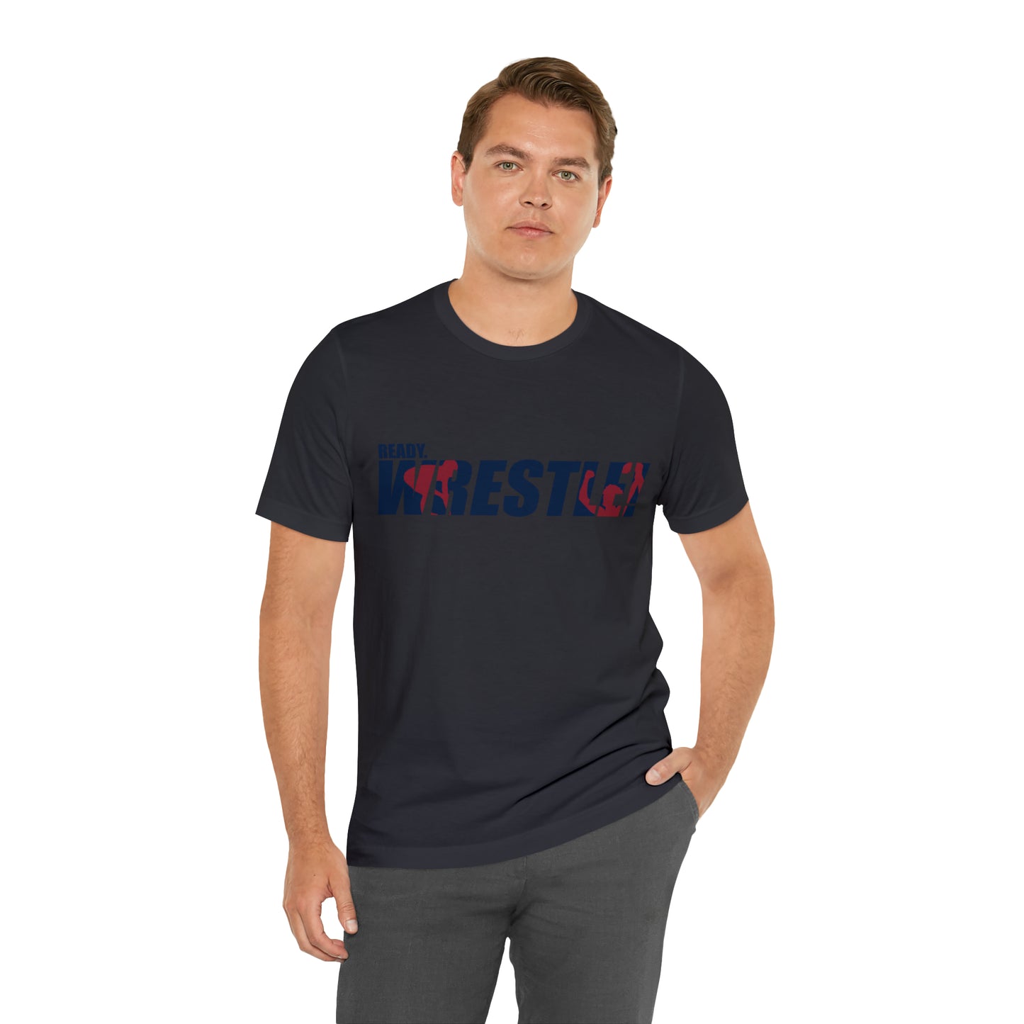 Ready. Wrestle! Navy Logo w/Red Silhouettes, Unisex Heavy Cotton Tee Bella+Canvas