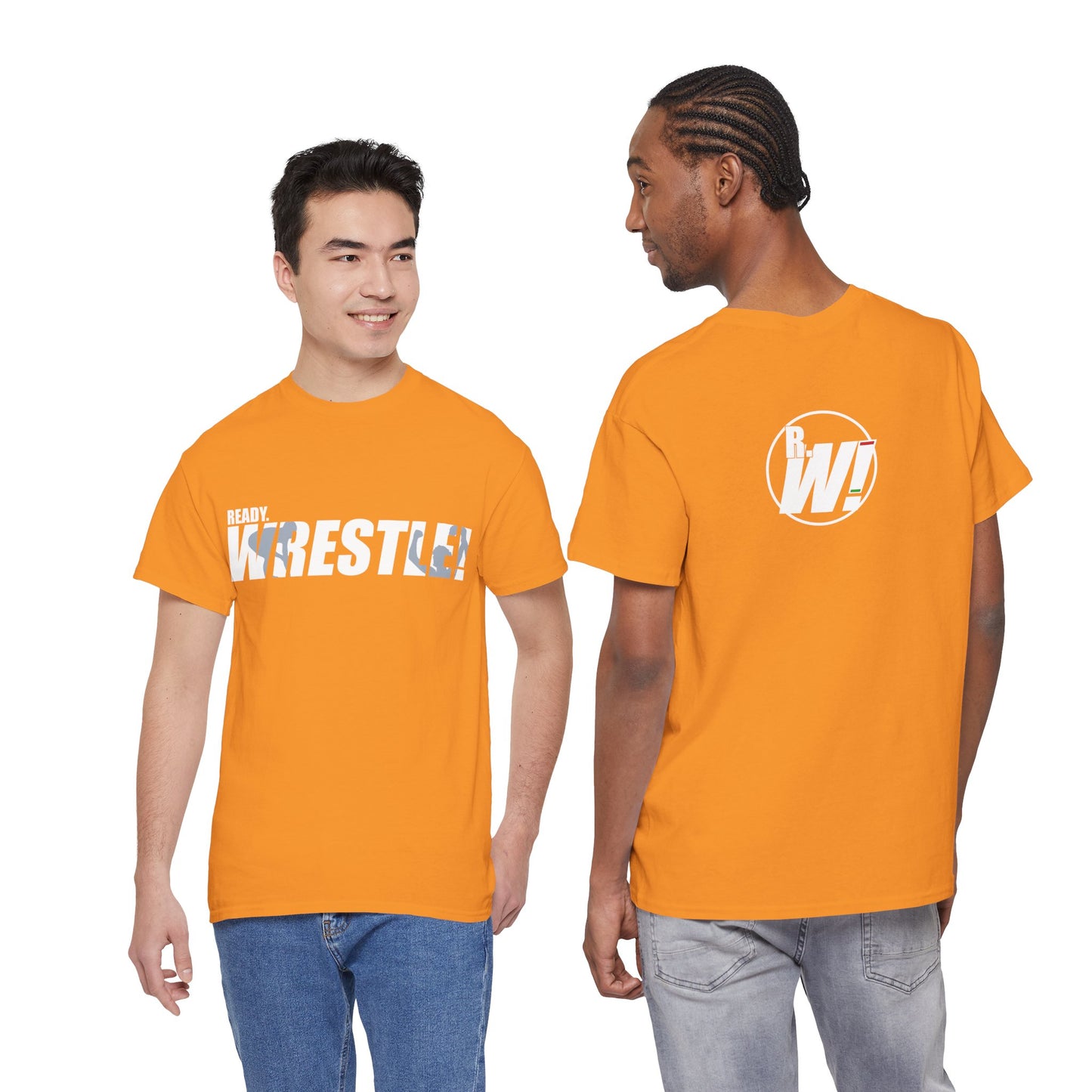 Ready. Wrestle! White Logo w/Blue Silhouettes, Unisex Heavy Cotton Tee