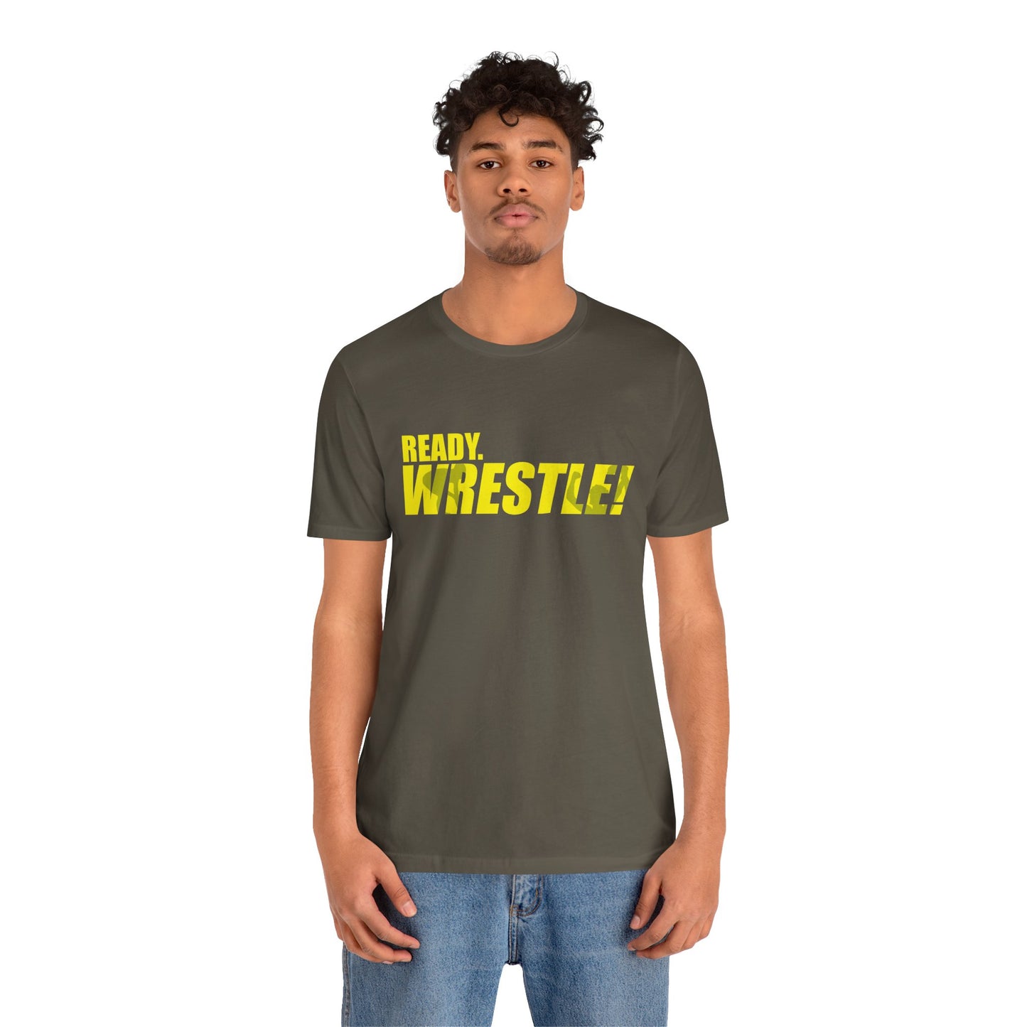 Ready. Wrestle! Gold Logo with Green, Unisex Jersey Short Sleeve Tee