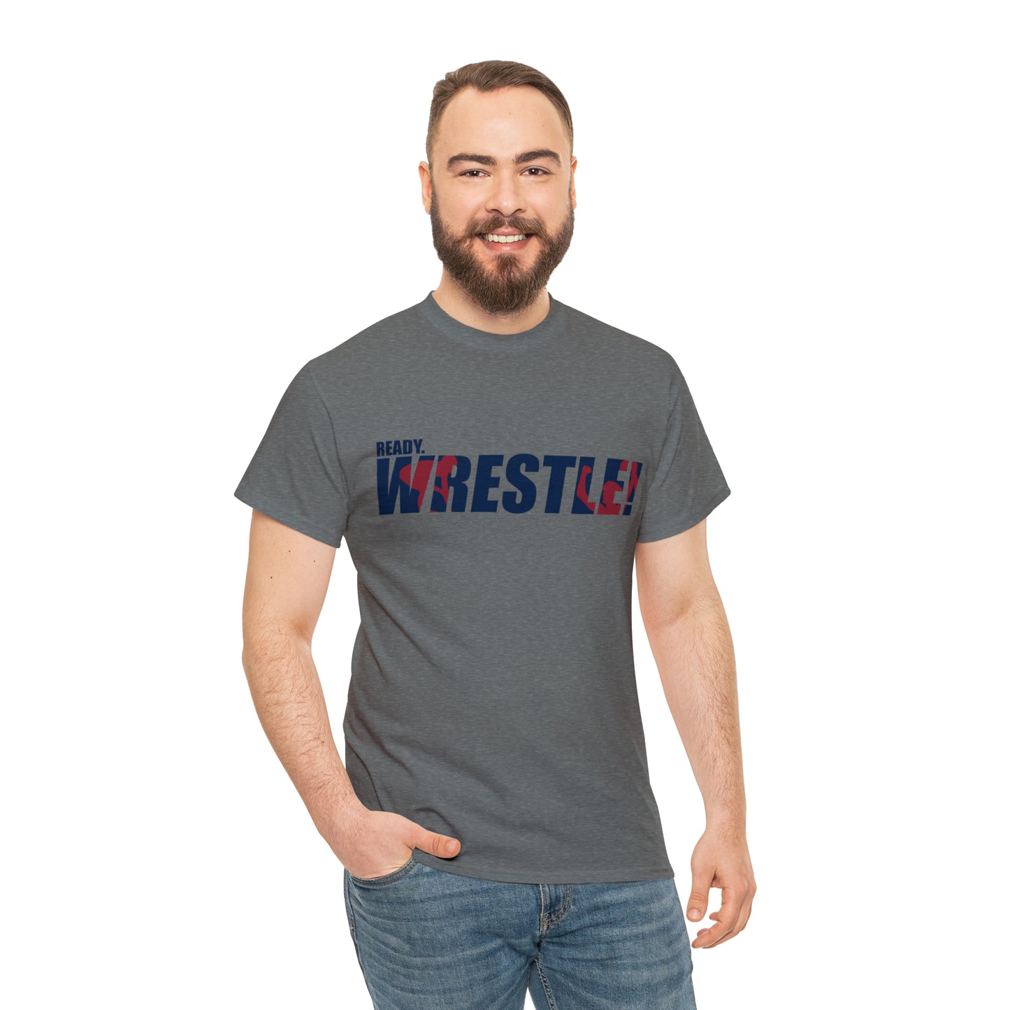 Ready. Wrestle! Navy Logo w/Red Silhouettes, Unisex Heavy Cotton Tee