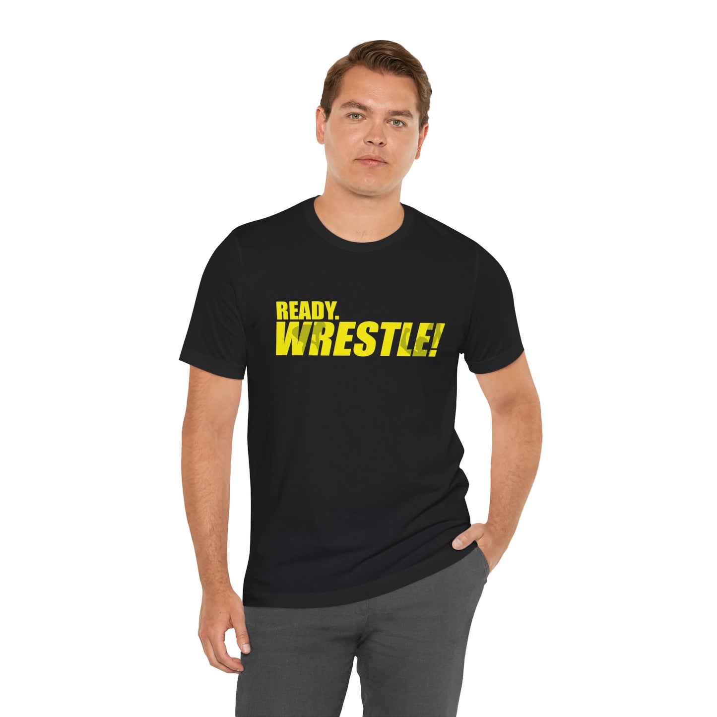 Ready. Wrestle! Gold Logo with Green, Unisex Jersey Short Sleeve Tee