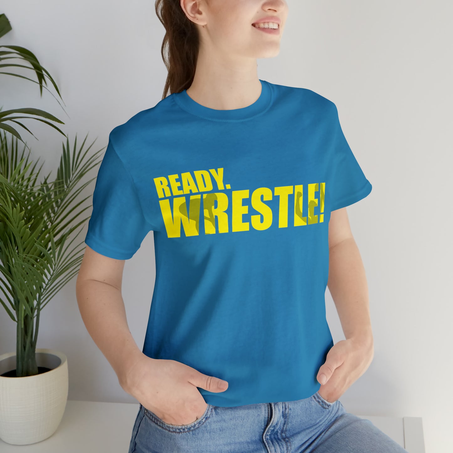 Ready. Wrestle! Gold Logo with Green, Unisex Jersey Short Sleeve Tee