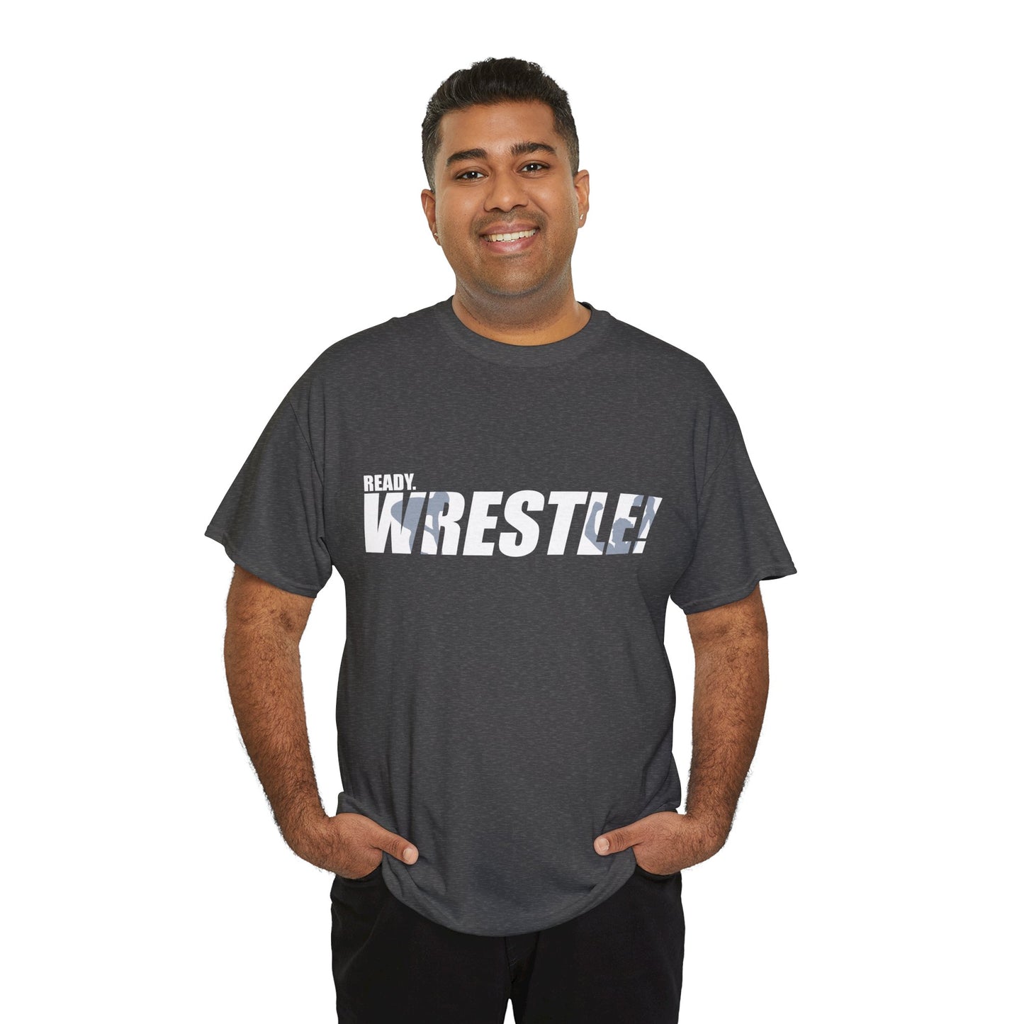 Ready. Wrestle! White Logo w/Blue Silhouettes, Unisex Heavy Cotton Tee