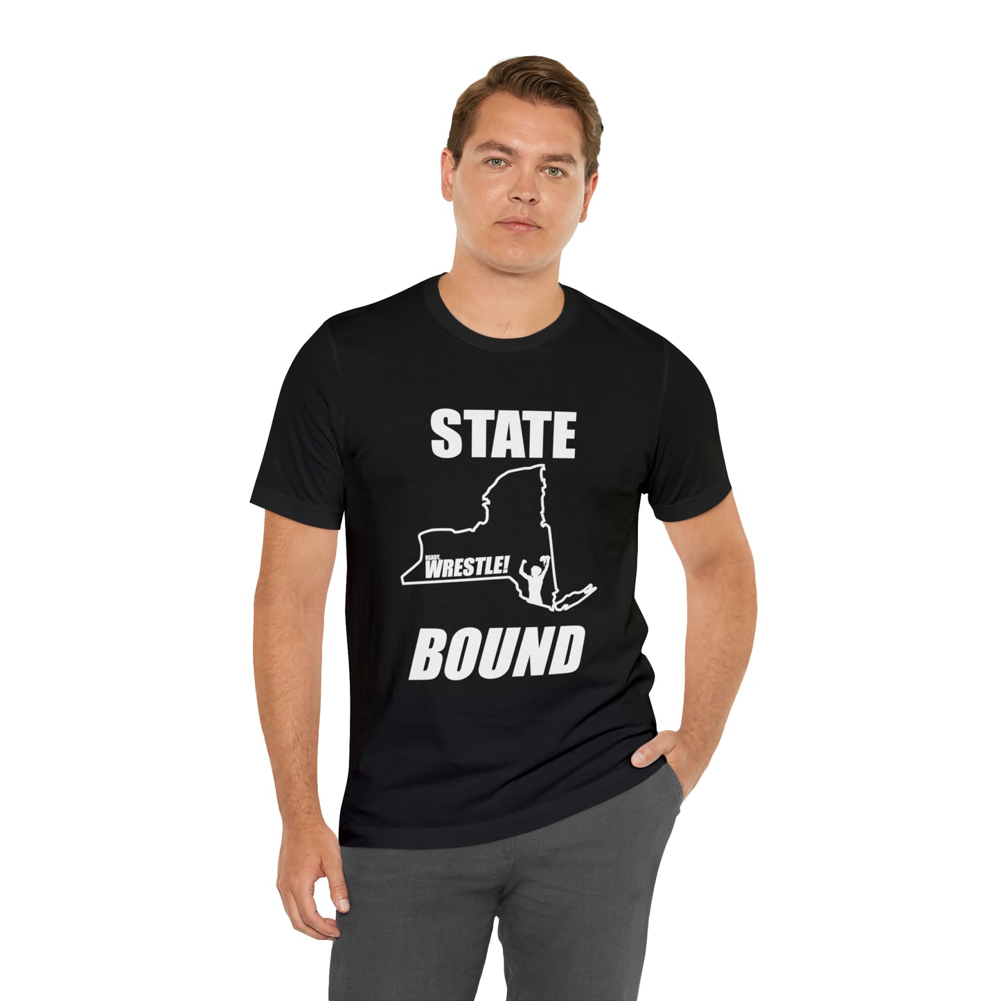 New York State Bound, Unisex Jersey Short Sleeve Tee, White Logo