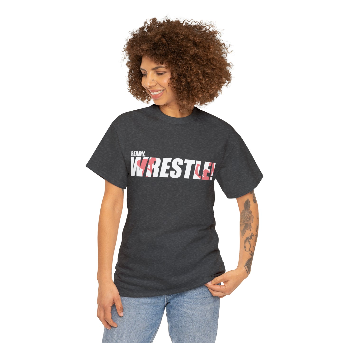 Ready. Wrestle! White Logo w/Red Silhouettes, Unisex Heavy Cotton Tee