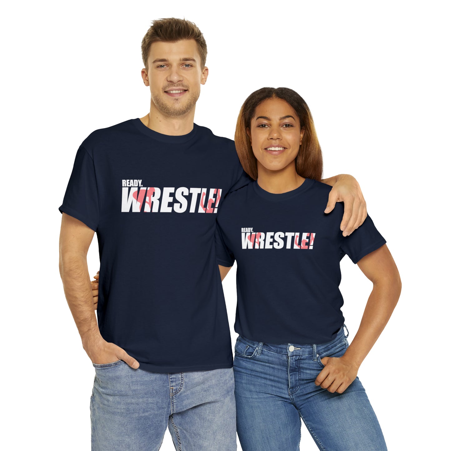 Ready. Wrestle! White Logo w/Red Silhouettes, Unisex Heavy Cotton Tee