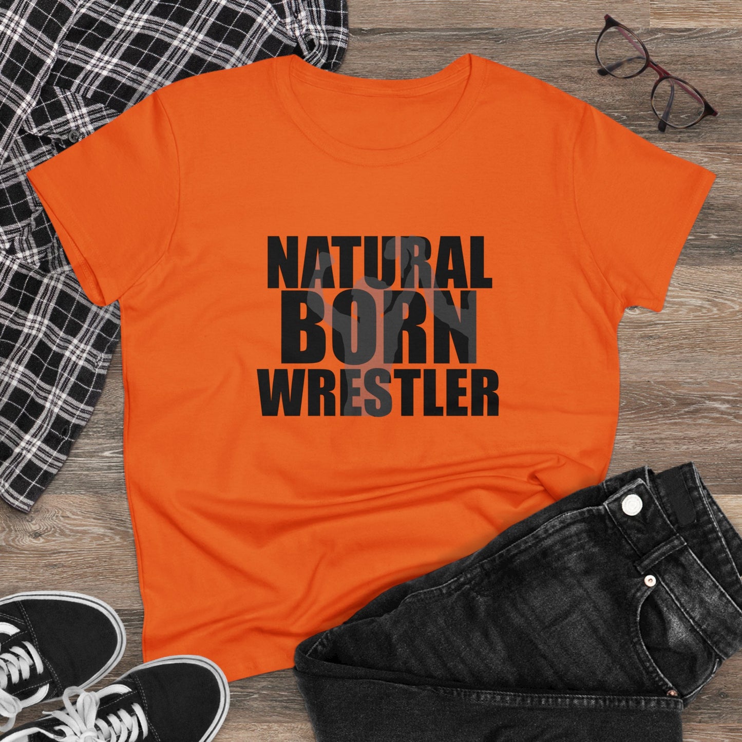 Natural Born Wrestler, Women's Midweight Cotton Tee, Black Letters