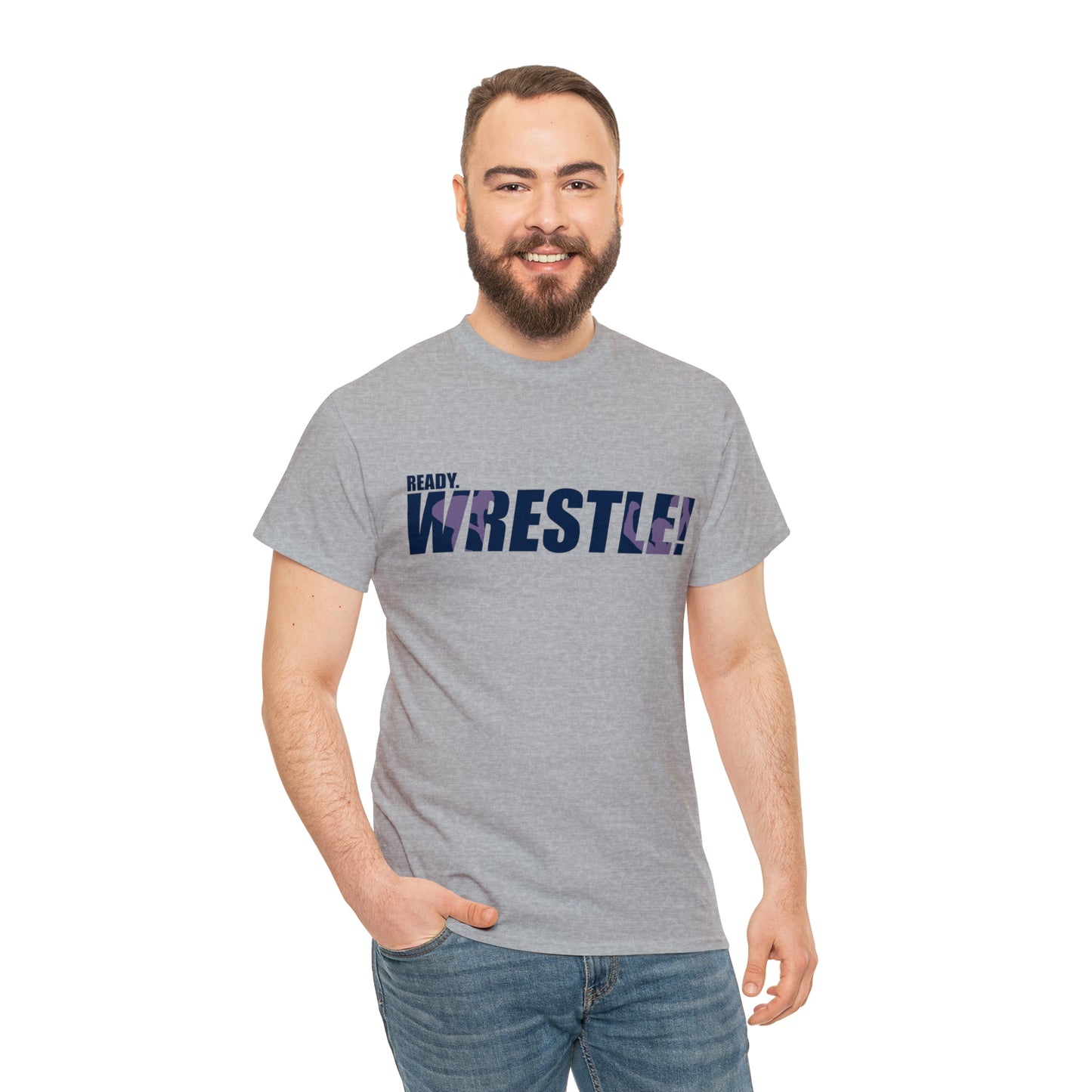 Ready. Wrestle! Navy Logo w/Pink Silhouettes, Unisex Heavy Cotton Tee