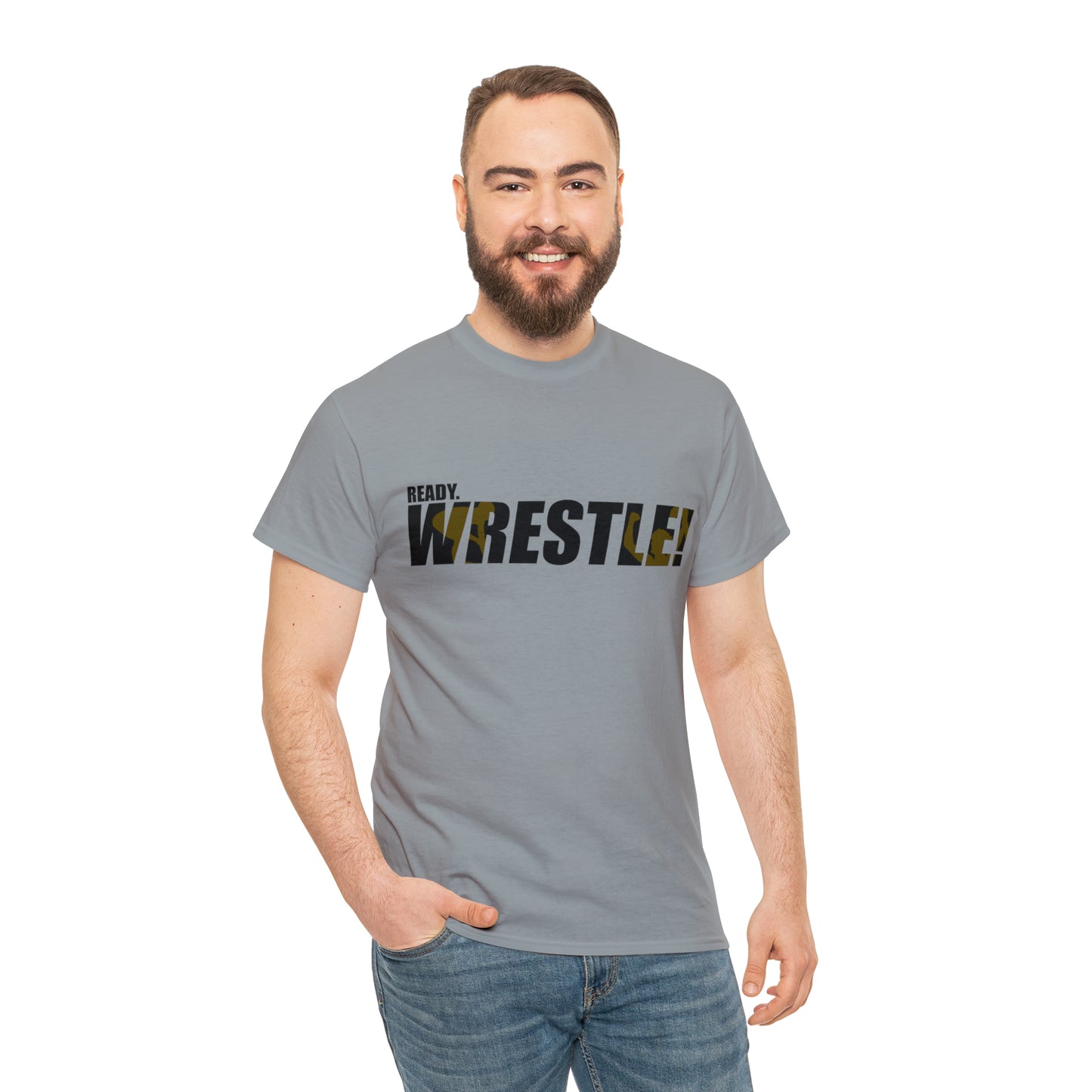 Ready. Wrestle! Black Logo w/Yellow Silhouettes, Unisex Heavy Cotton Tee