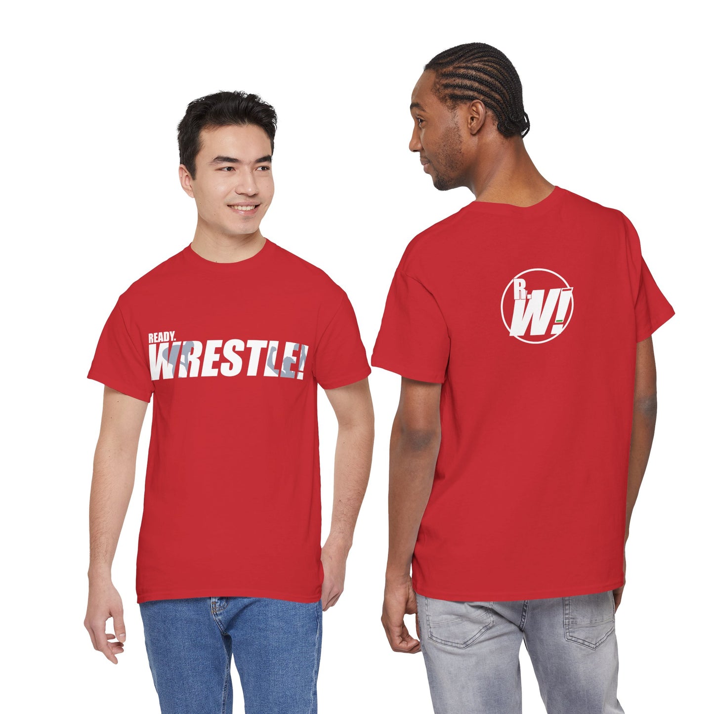 Ready. Wrestle! White Logo w/Blue Silhouettes, Unisex Heavy Cotton Tee