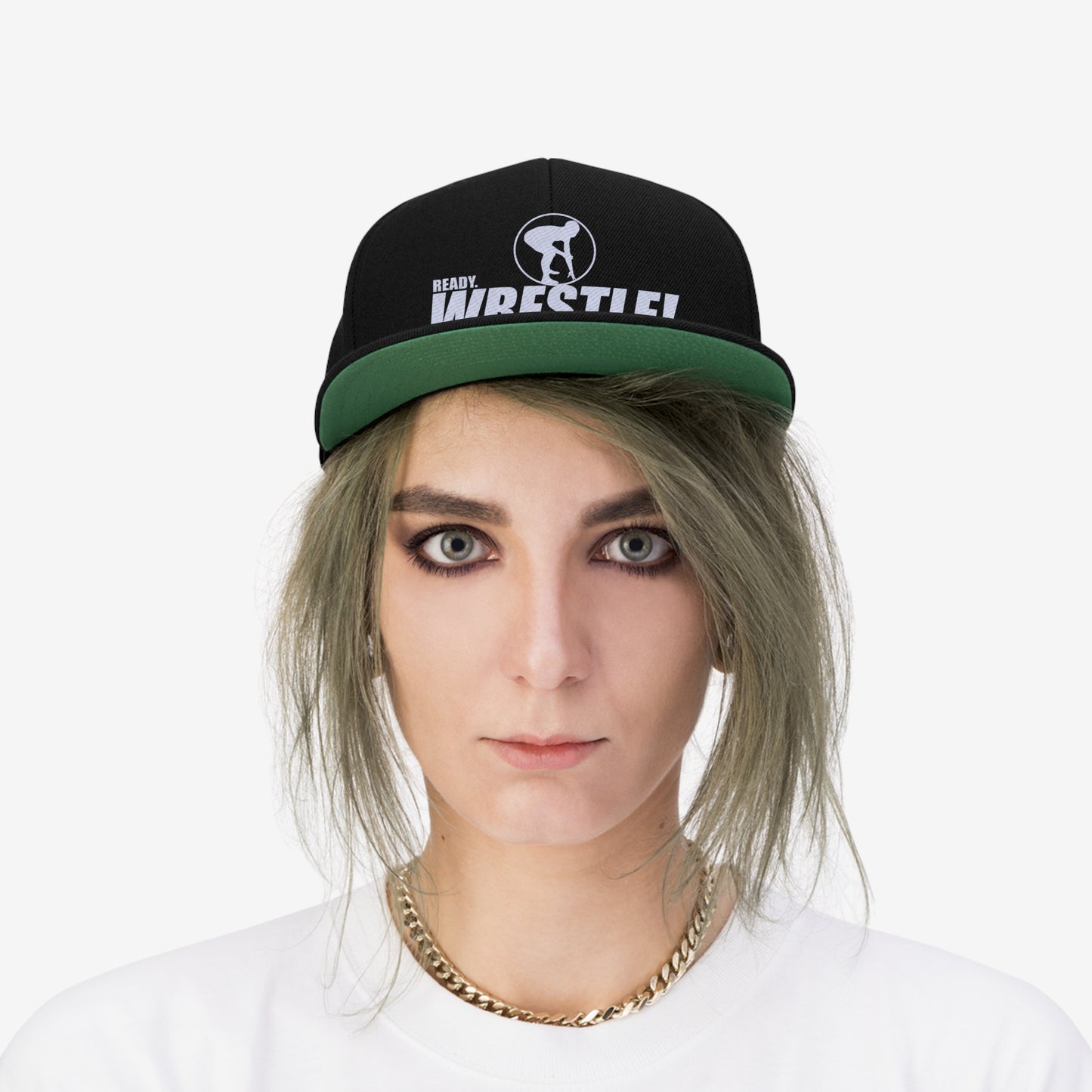 Ready. Wrestle!, Unisex Flat Bill Hat, White Logo