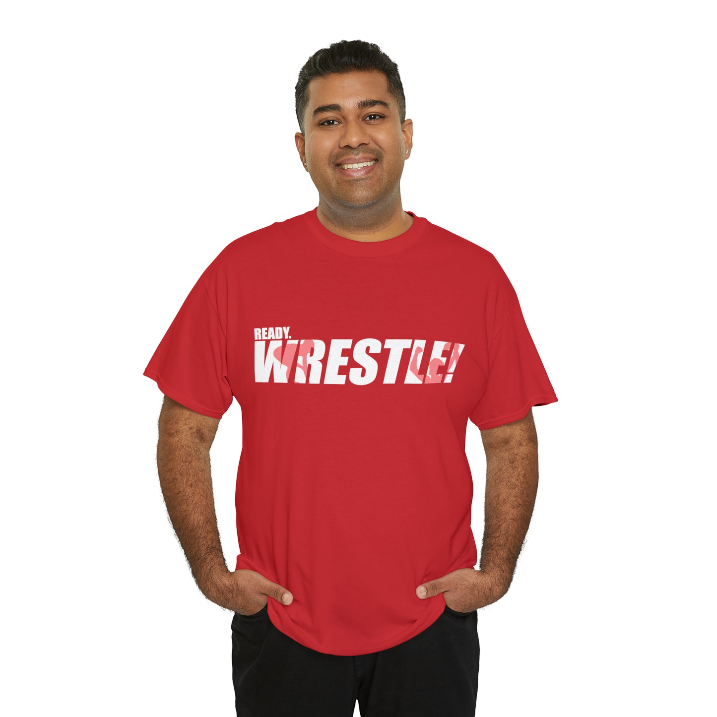 Ready. Wrestle! White Logo w/Red Silhouettes, Unisex Heavy Cotton Tee