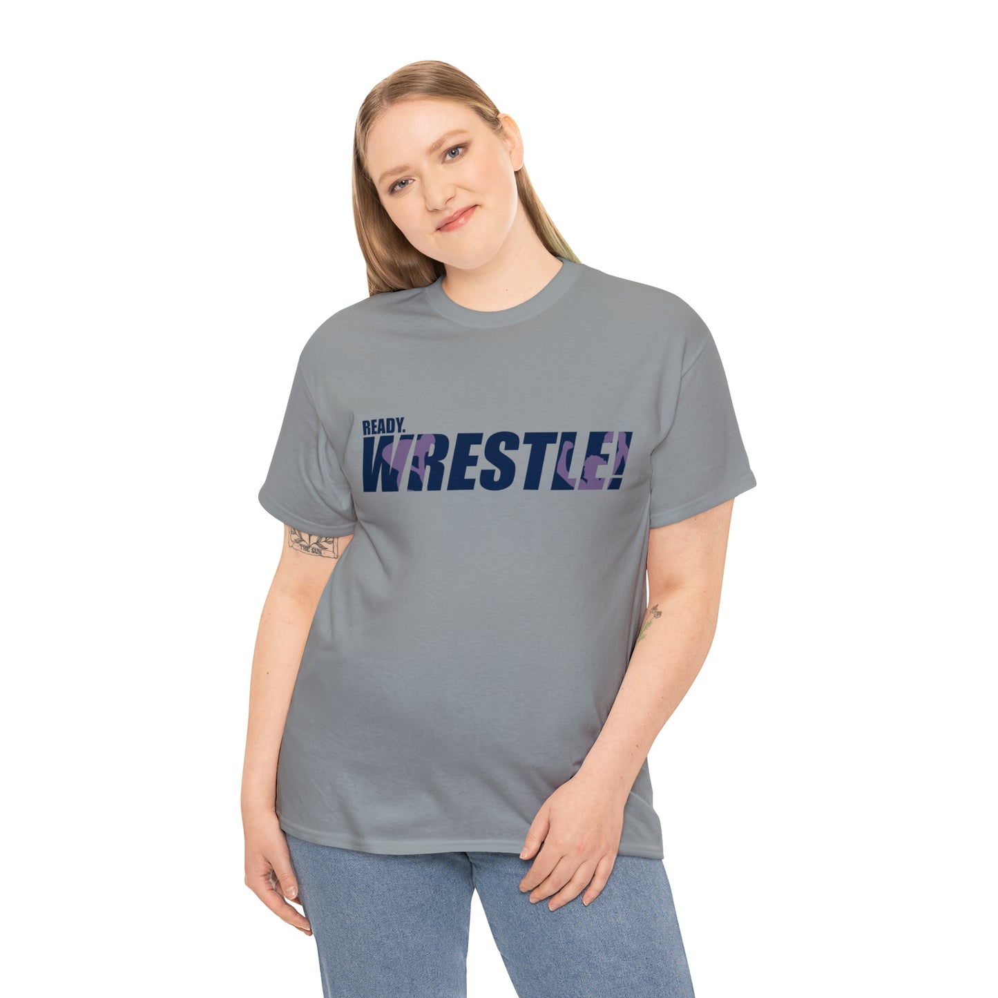 Ready. Wrestle! Navy Logo w/Pink Silhouettes, Unisex Heavy Cotton Tee