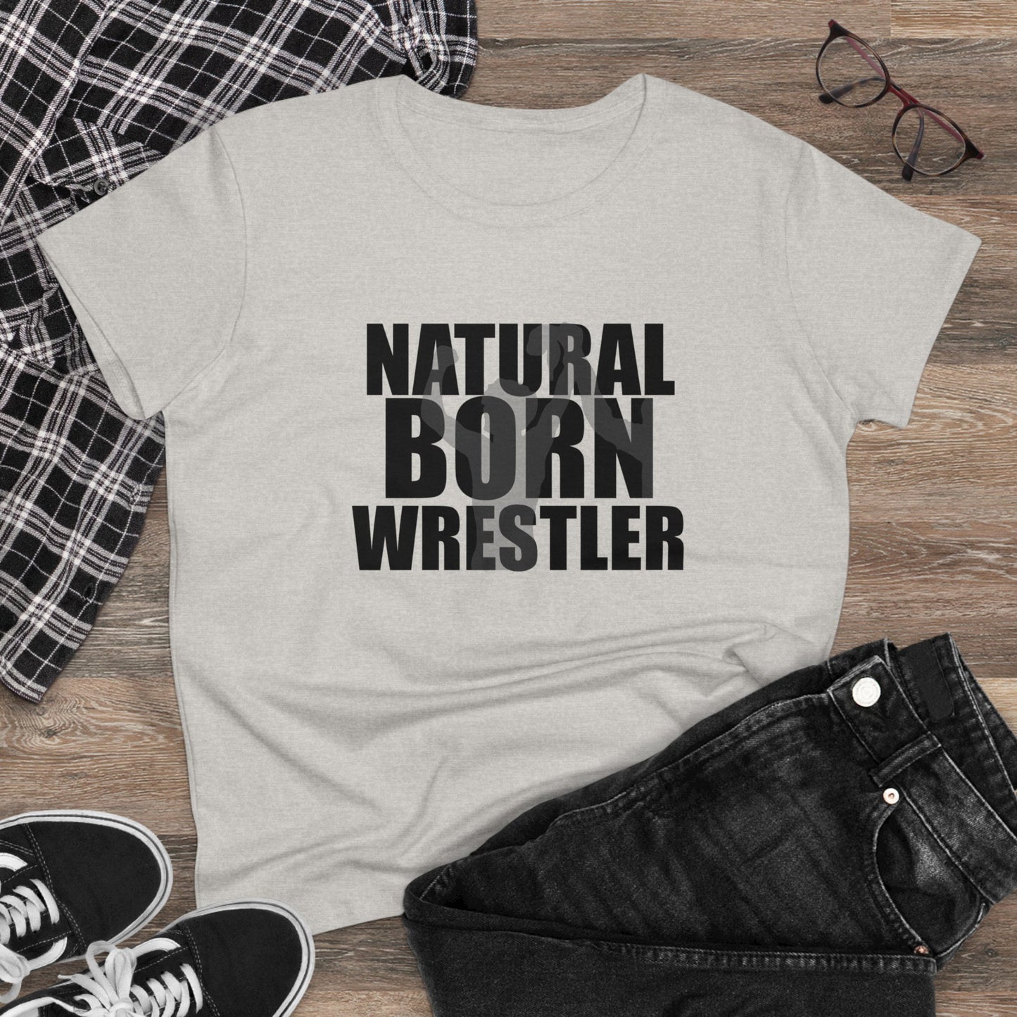 Natural Born Wrestler, Women's Midweight Cotton Tee, Black Letters