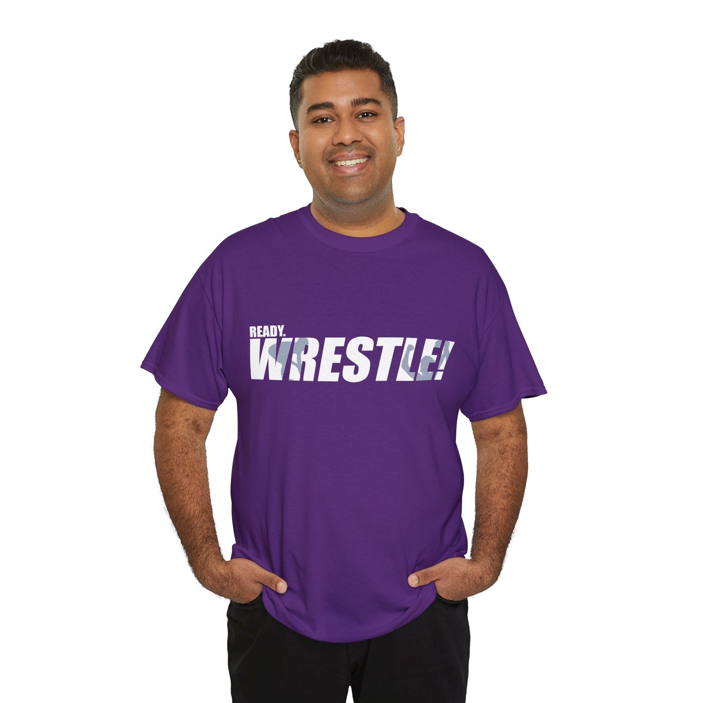 Ready. Wrestle! White Logo w/Blue Silhouettes, Unisex Heavy Cotton Tee