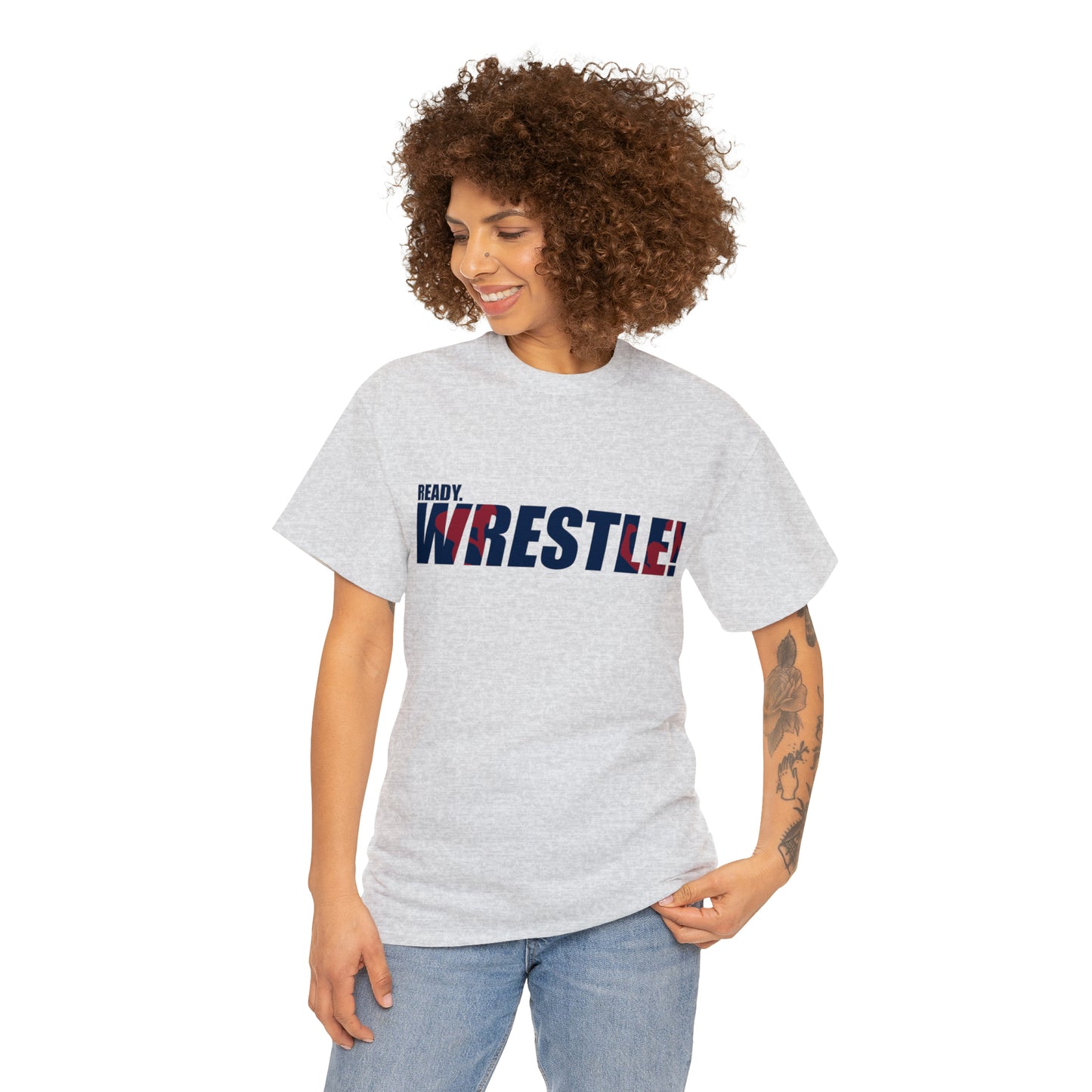 Ready. Wrestle! Navy Logo w/Red Silhouettes, Unisex Heavy Cotton Tee