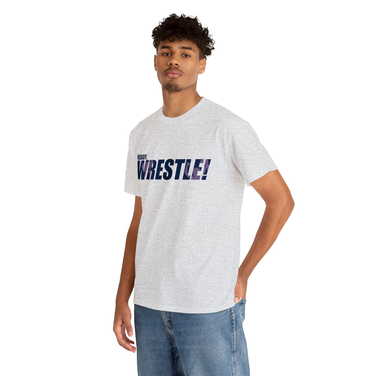 Ready. Wrestle! Navy Logo w/Pink Silhouettes, Unisex Heavy Cotton Tee