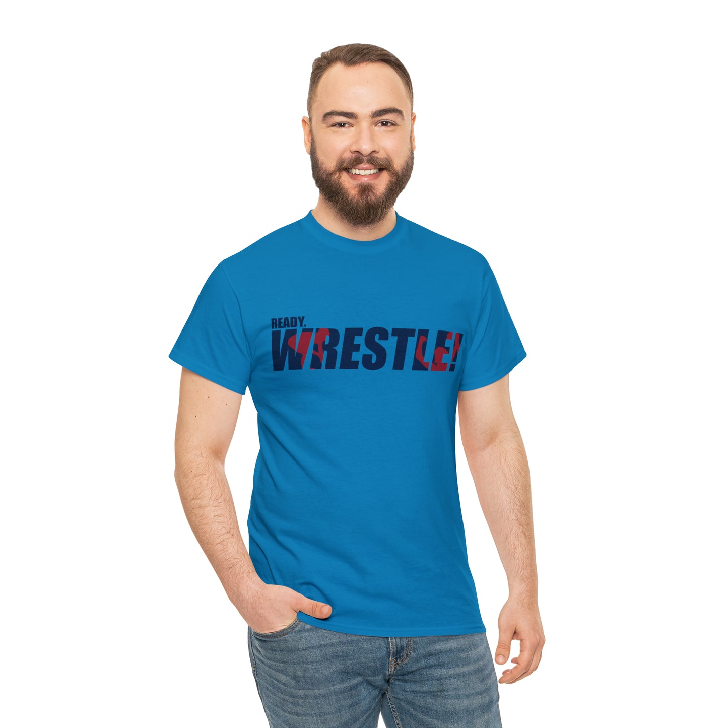 Ready. Wrestle! Navy Logo w/Red Silhouettes, Unisex Heavy Cotton Tee