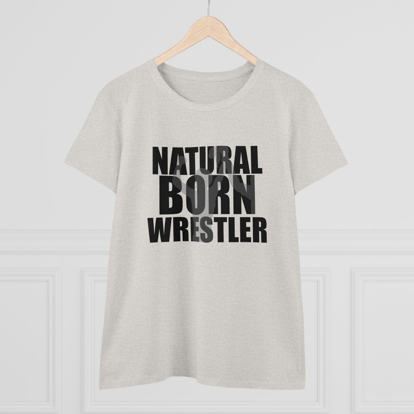 Natural Born Wrestler, Women's Midweight Cotton Tee, Black Letters