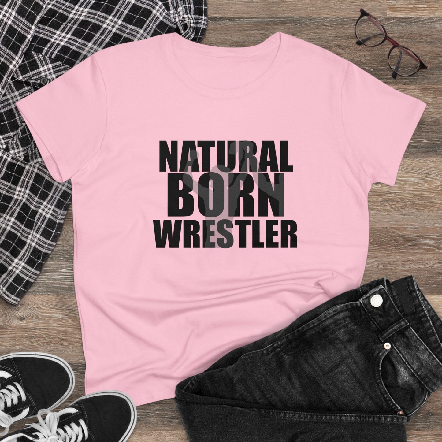 Natural Born Wrestler, Women's Midweight Cotton Tee, Black Letters