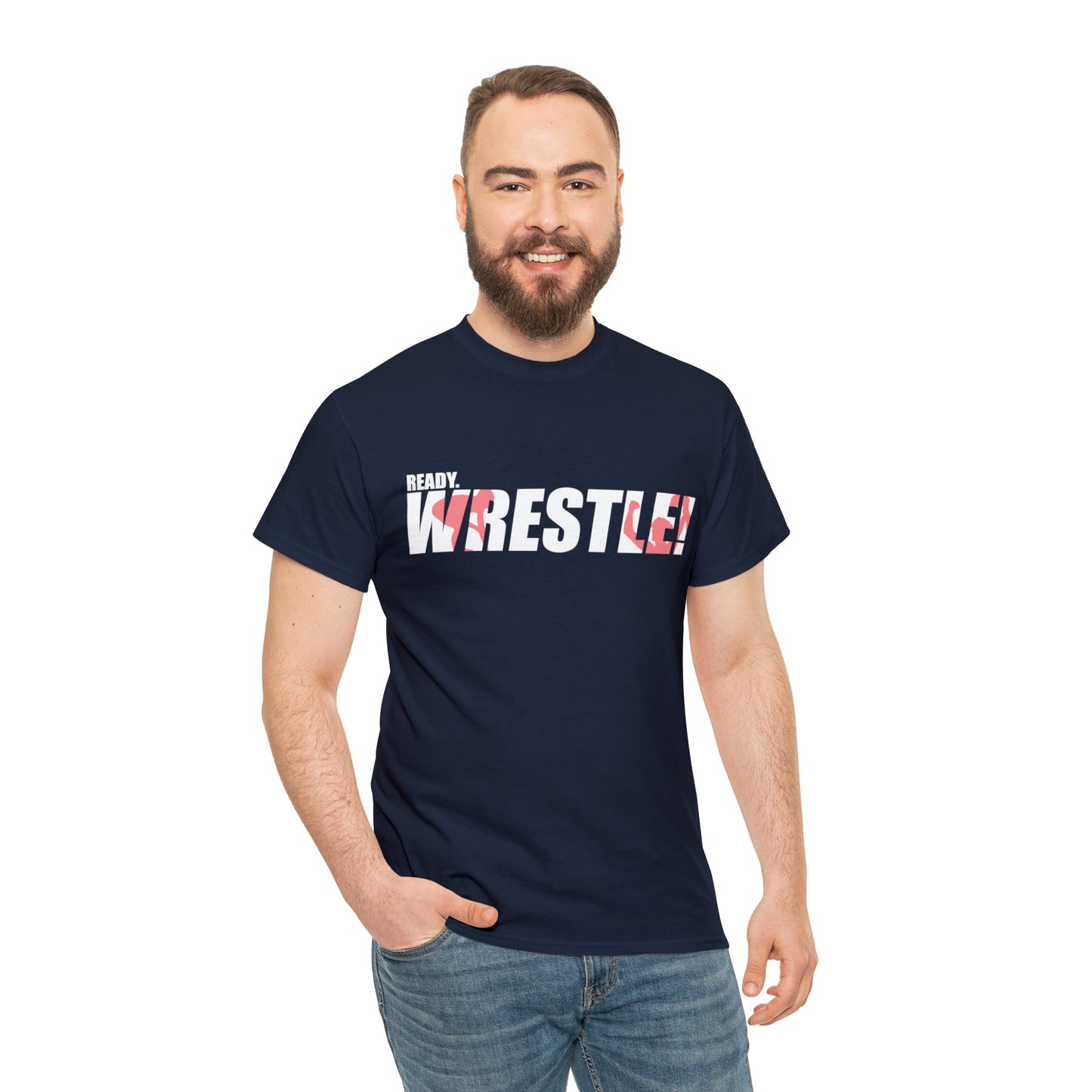 Ready. Wrestle! White Logo w/Red Silhouettes, Unisex Heavy Cotton Tee