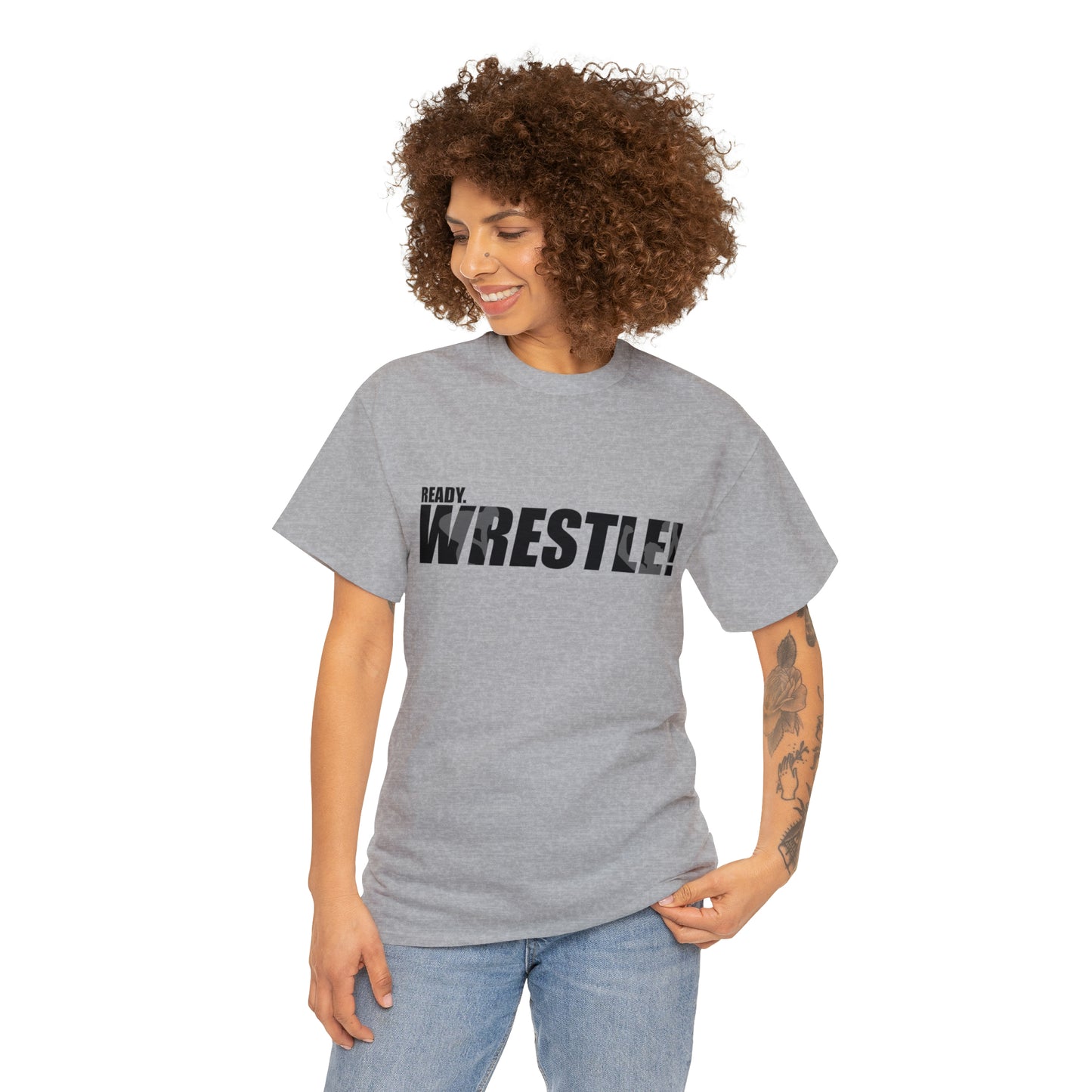 Ready. Wrestle! Black Logo w/White Silhouettes, Unisex Heavy Cotton Tee