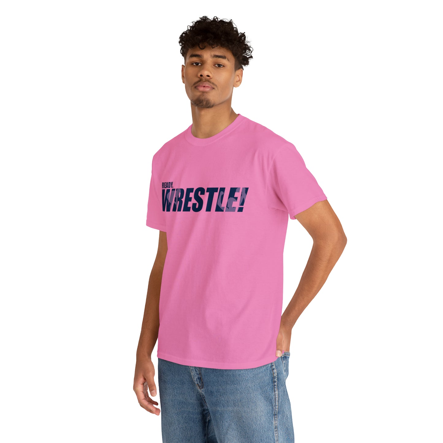 Ready. Wrestle! Navy Logo w/Pink Silhouettes, Unisex Heavy Cotton Tee