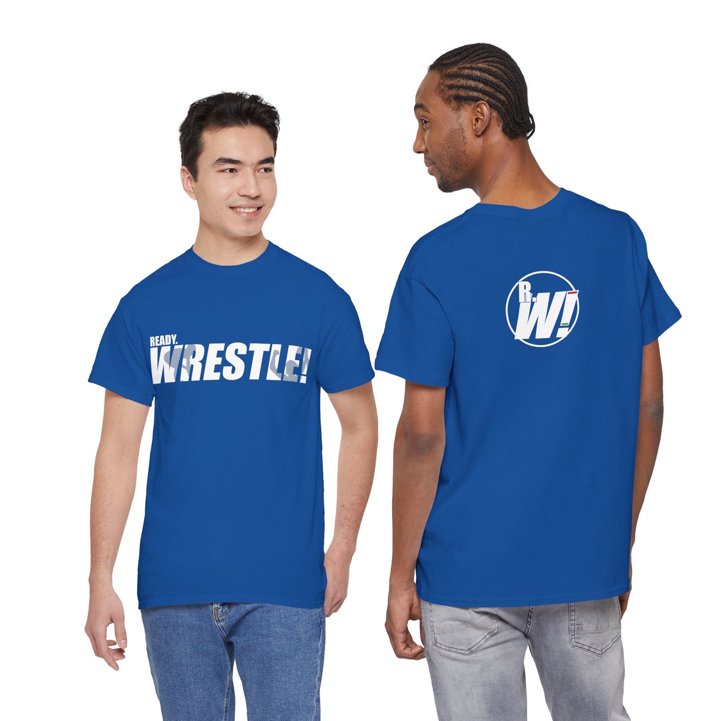 Ready. Wrestle! White Logo w/Blue Silhouettes, Unisex Heavy Cotton Tee