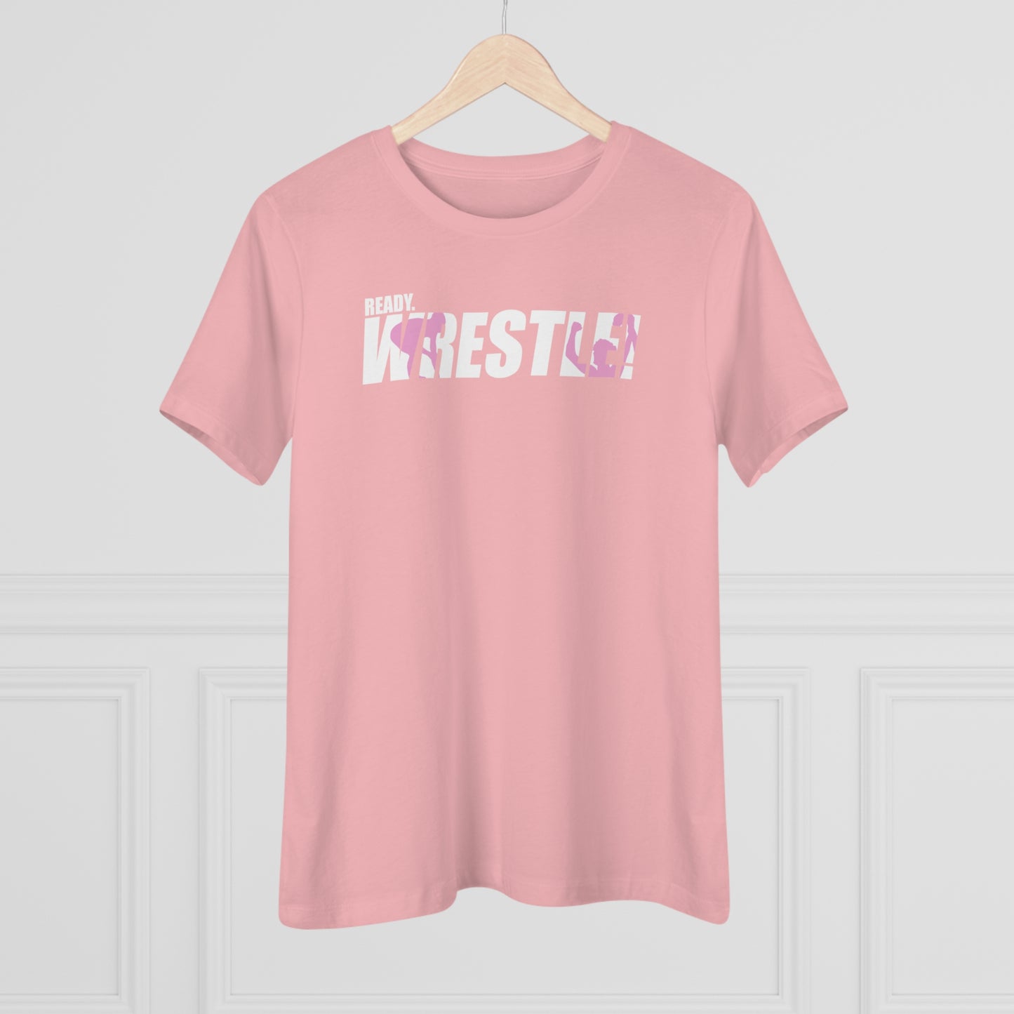 Ready. Wrestle! Women's Midweight Cotton Tee, White/Pink Logo