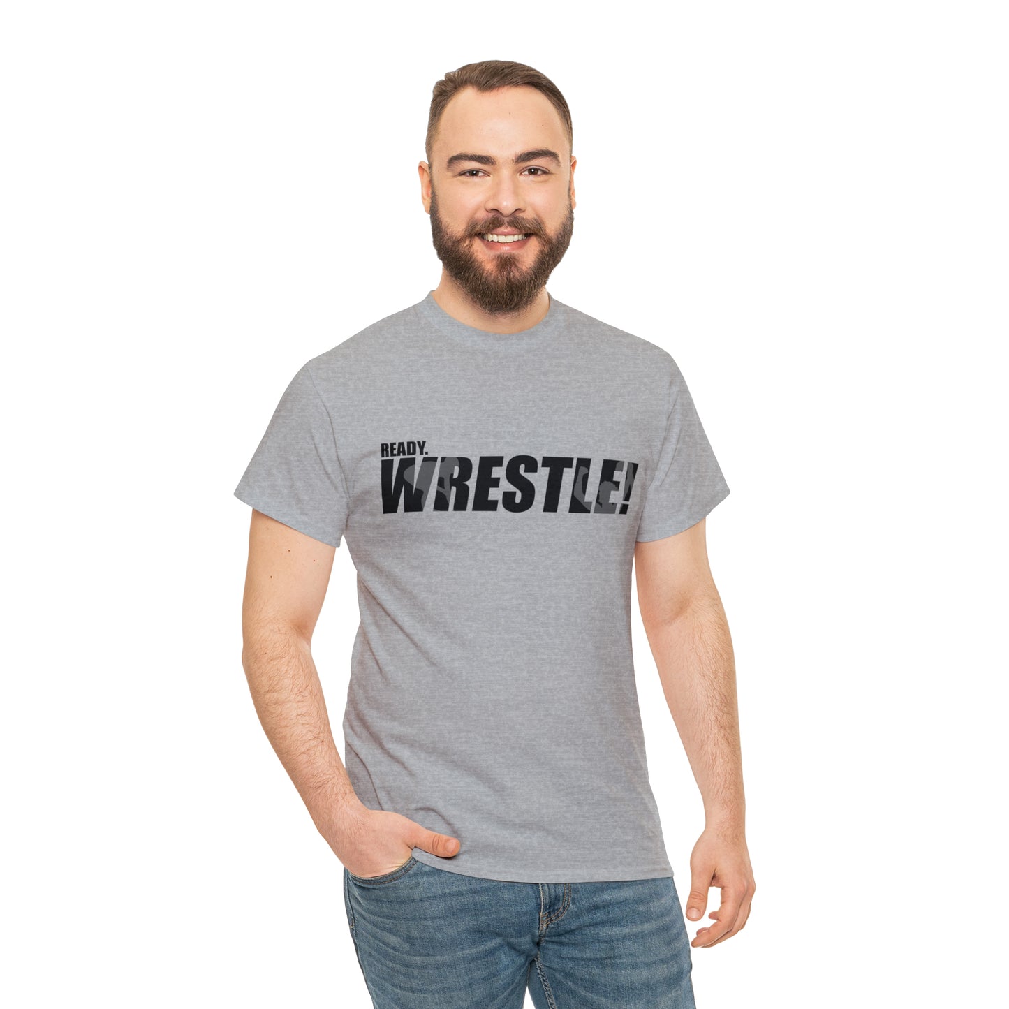 Ready. Wrestle! Black Logo w/White Silhouettes, Unisex Heavy Cotton Tee