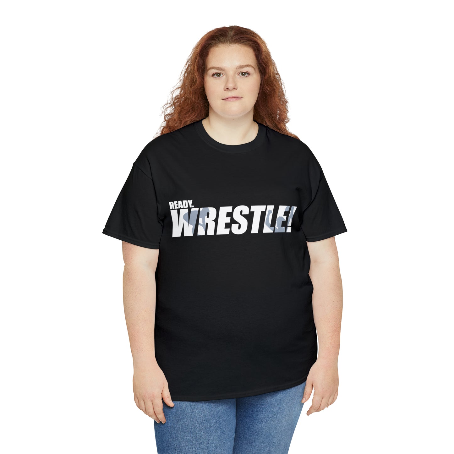 Ready. Wrestle! White Logo w/Blue Silhouettes, Unisex Heavy Cotton Tee