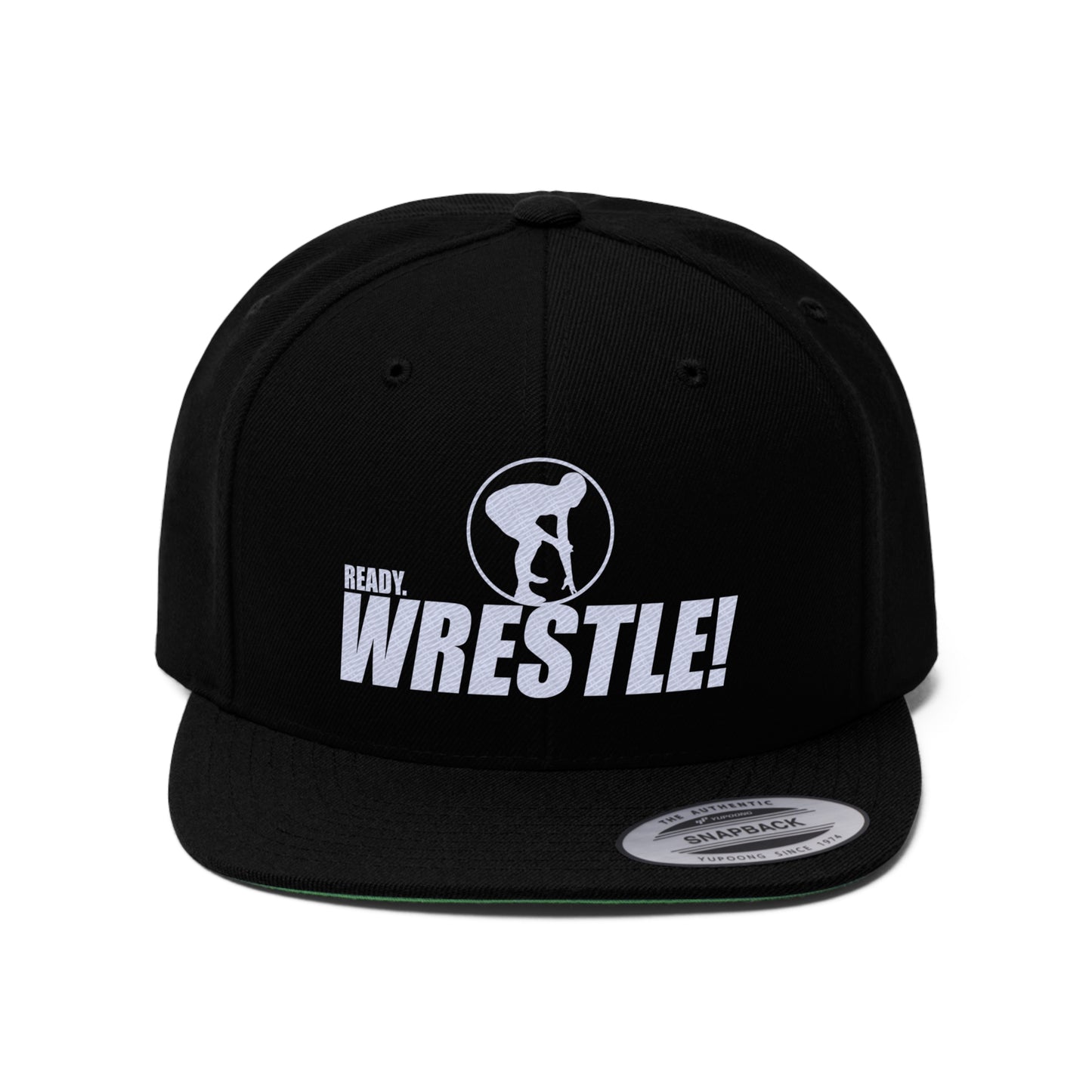 Ready. Wrestle!, Unisex Flat Bill Hat, White Logo