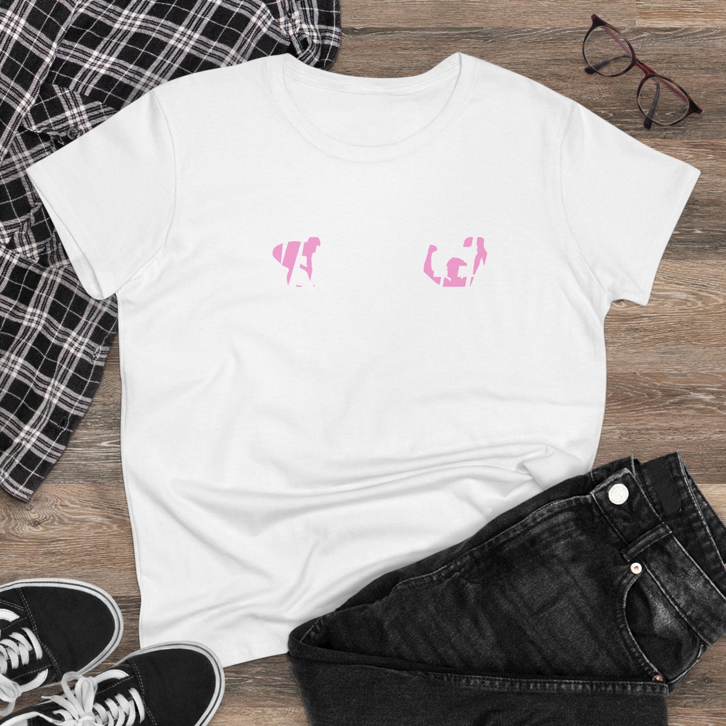 Ready. Wrestle! Women's Midweight Cotton Tee, White/Pink Logo