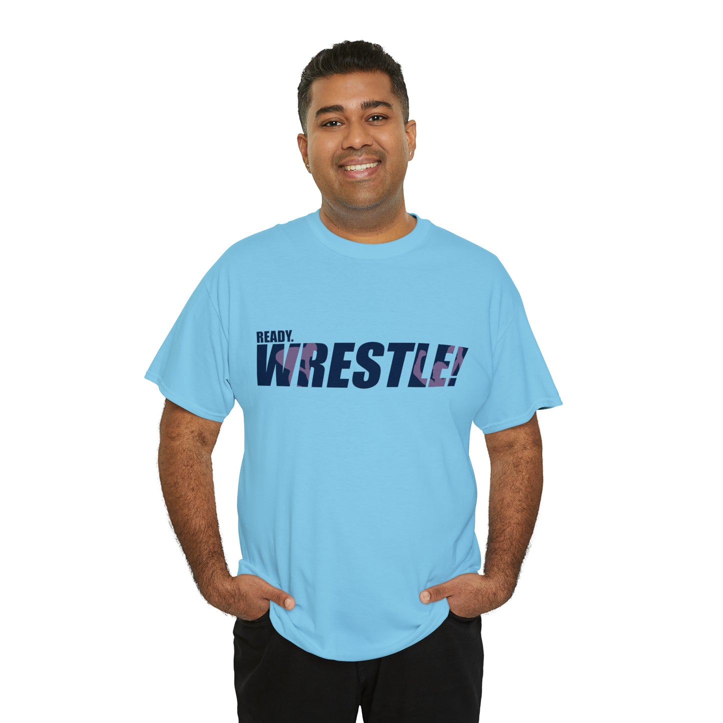 Ready. Wrestle! Navy Logo w/Pink Silhouettes, Unisex Heavy Cotton Tee