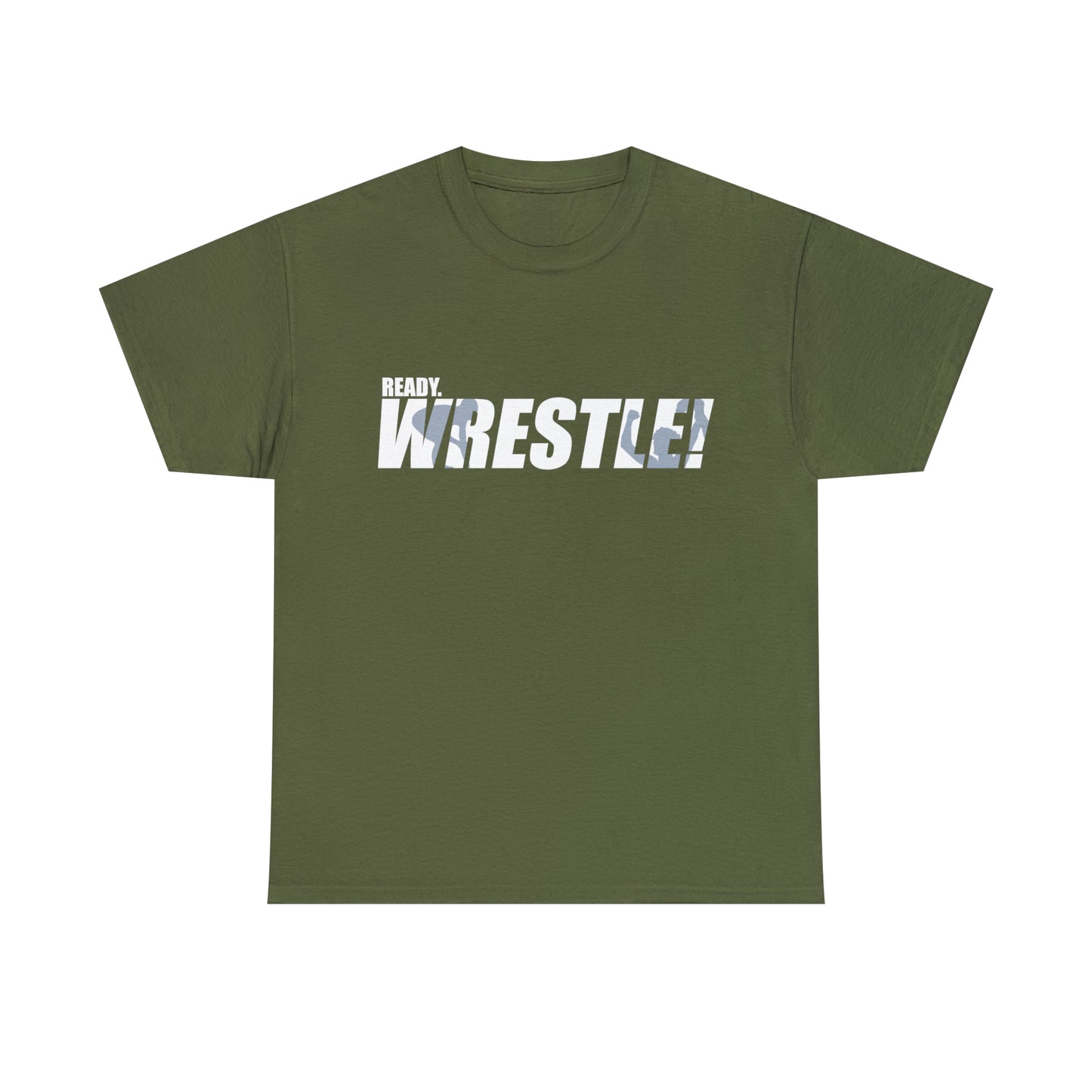 Ready. Wrestle! White Logo w/Blue Silhouettes, Unisex Heavy Cotton Tee