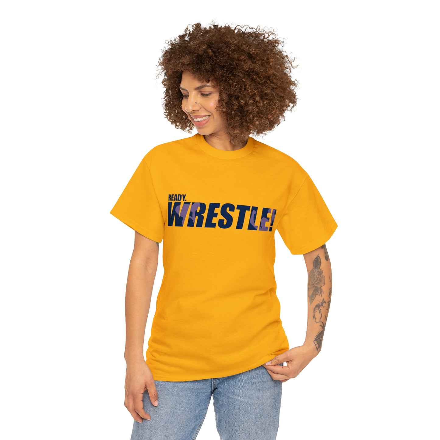 Ready. Wrestle! Navy Logo w/Pink Silhouettes, Unisex Heavy Cotton Tee